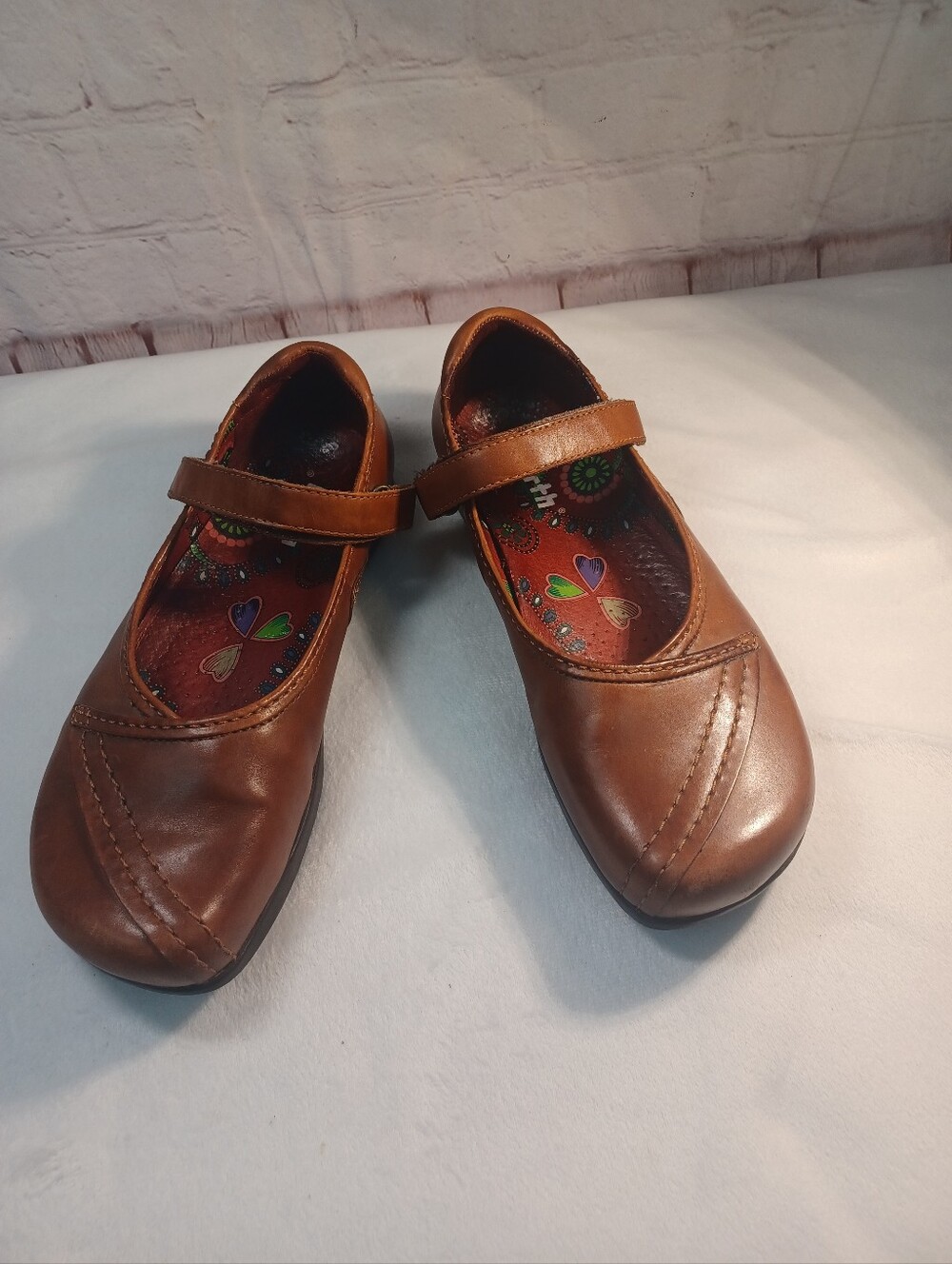 earth leather mary jane brown colorful printed footbed retro comfort shoes Sz 8 - Picture 13 of 15